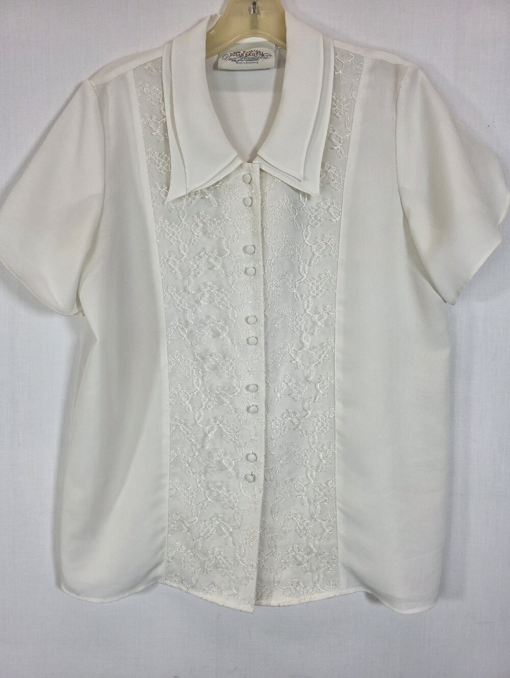 Vintage Susan Bristol Off White Lace Inset Short Sleeve Button Front Blouse